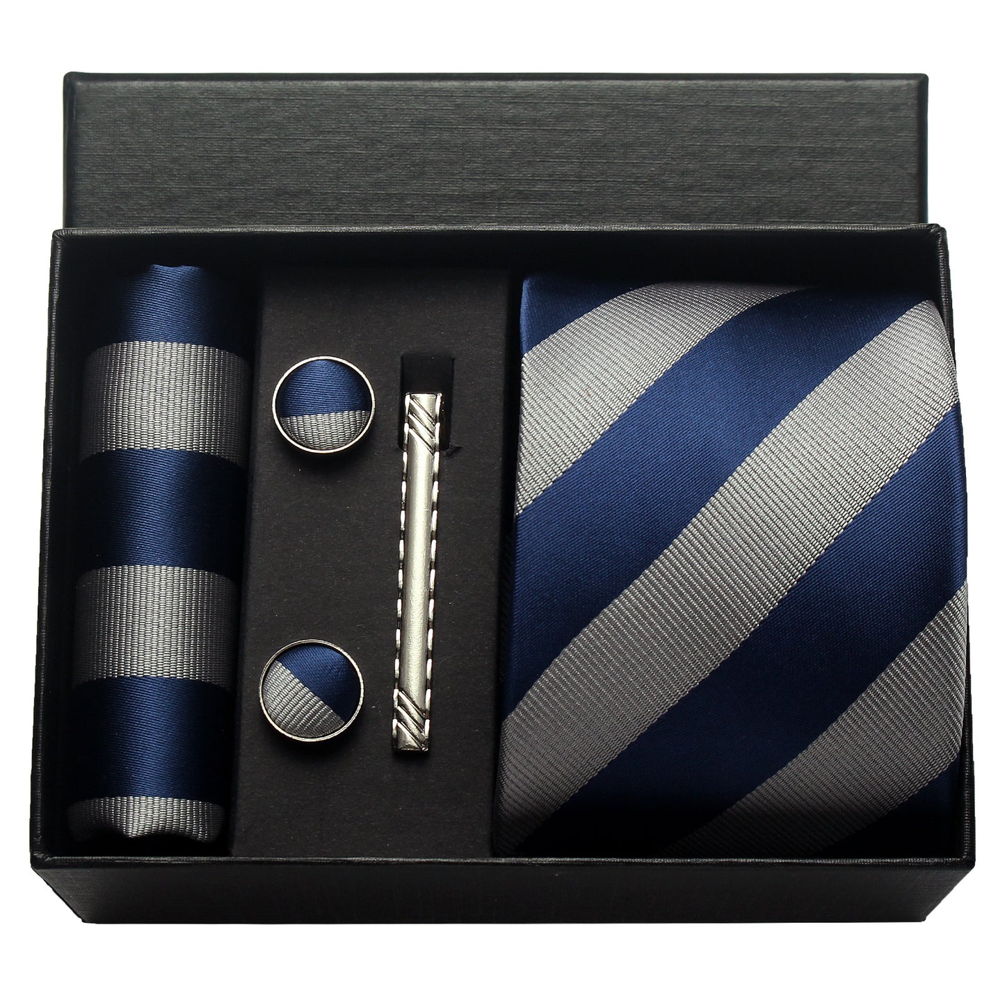 CWKOON Striped Navy Blue Grey Mens Tie Formal Necktie Pocket Squares Ties Clips Cufflinks Classic for Men Gift Box Set