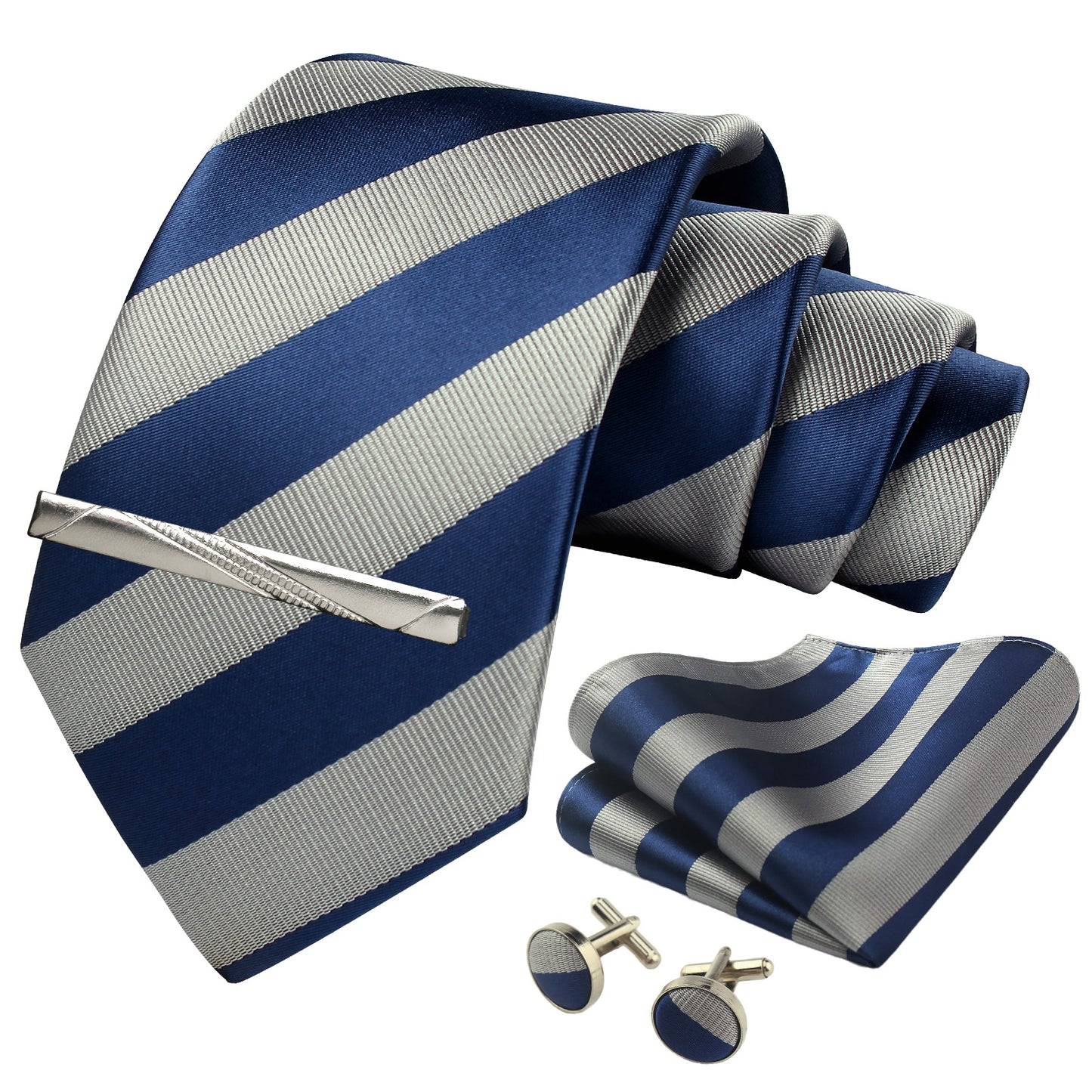 CWKOON Striped Navy Blue Grey Mens Tie Formal Necktie Pocket Squares Ties Clips Cufflinks Classic for Men Gift Box Set