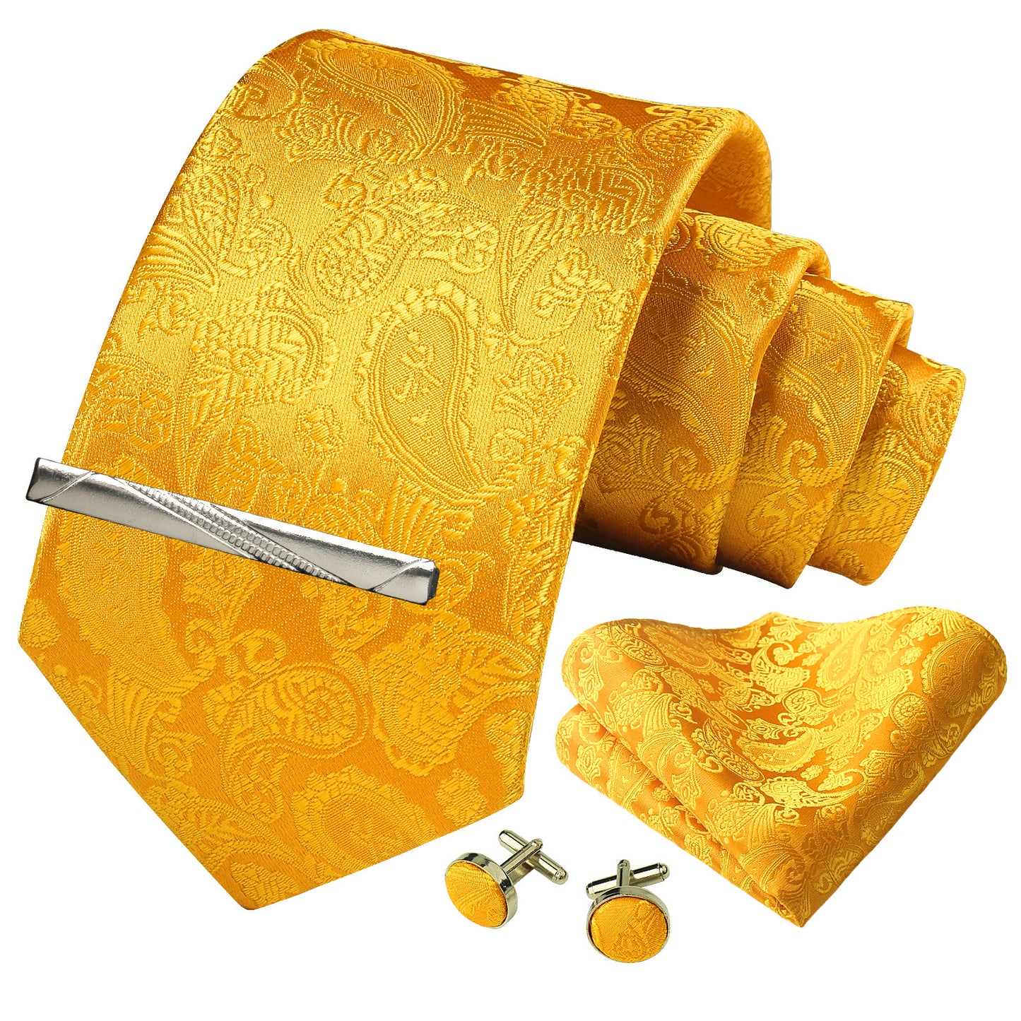 CWKOON Paisley Gold Mens Tie Formal Necktie Pocket Squares Ties Clips Cufflinks Classic for Men Gift Box Set