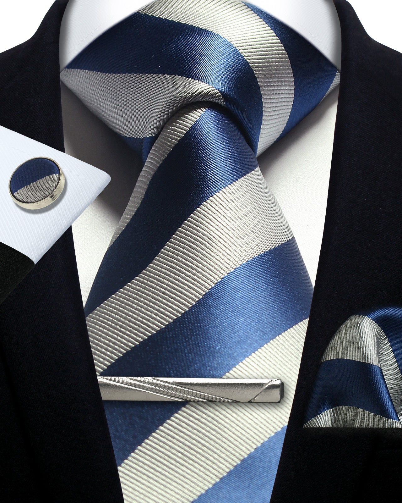 CWKOON Striped Navy Blue Grey Mens Tie Formal Necktie Pocket Squares Ties Clips Cufflinks Classic for Men Gift Box Set