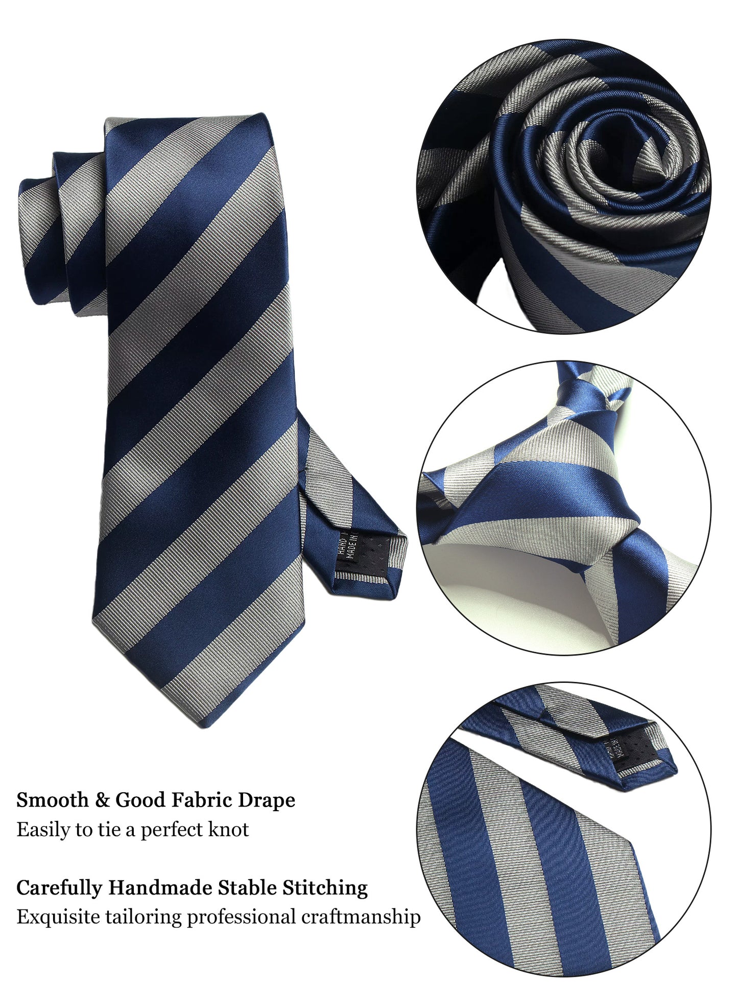 CWKOON Striped Navy Blue Grey Mens Tie Formal Necktie Pocket Squares Ties Clips Cufflinks Classic for Men Gift Box Set
