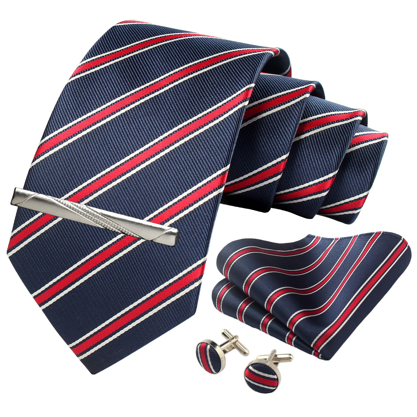 CWKOON Striped Navy Blue Red Mens Tie Formal Necktie Pocket Squares Ties Clips Cufflinks Classic for Men Gift Box Set
