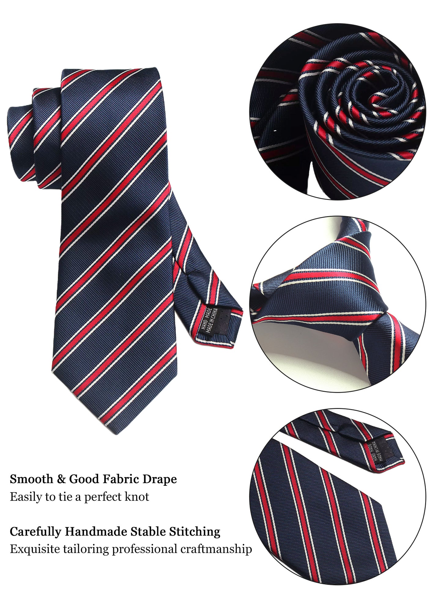 CWKOON Striped Navy Blue Red Mens Tie Formal Necktie Pocket Squares Ties Clips Cufflinks Classic for Men Gift Box Set