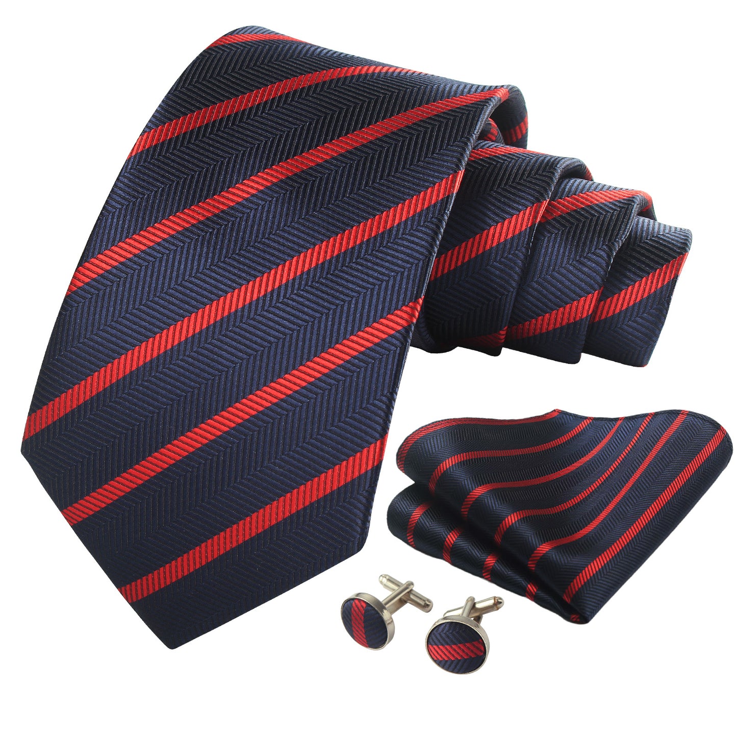 CWKOON Striped Navy Blue Red Mens Tie Formal Necktie Pocket Squares Ties Clips Cufflinks Classic for Men Gift Box Set