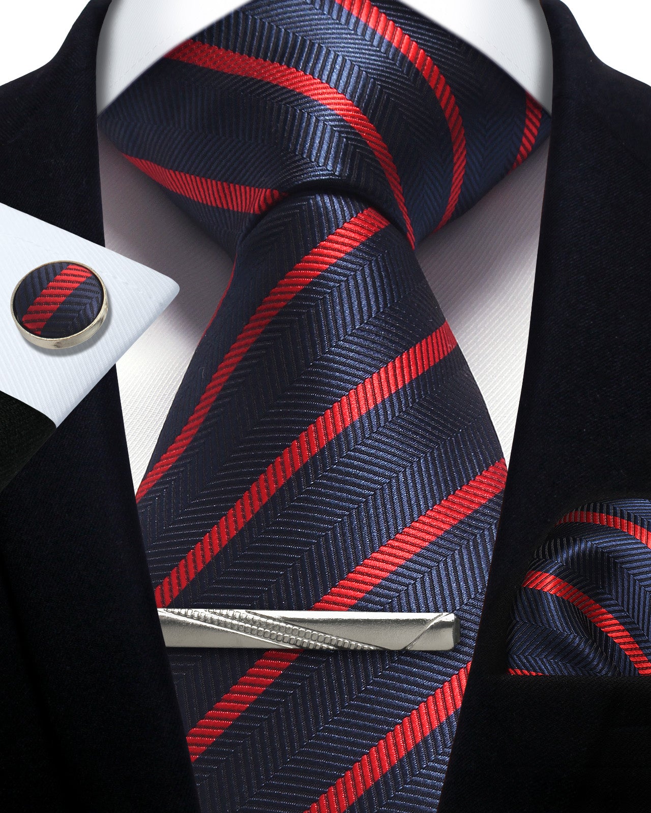 CWKOON Striped Navy Blue Red Mens Tie Formal Necktie Pocket Squares Ties Clips Cufflinks Classic for Men Gift Box Set