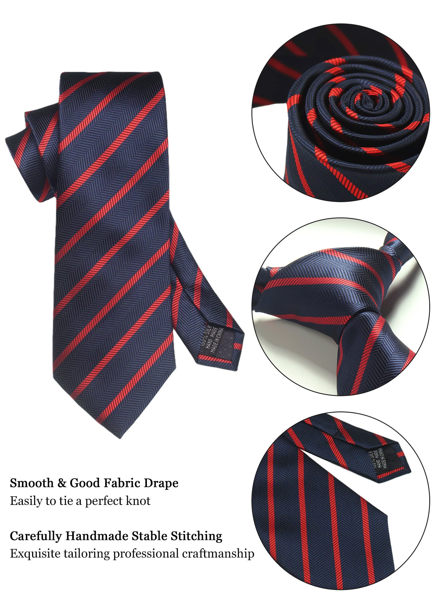 CWKOON Striped Navy Blue Red Mens Tie Formal Necktie Pocket Squares Ties Clips Cufflinks Classic for Men Gift Box Set