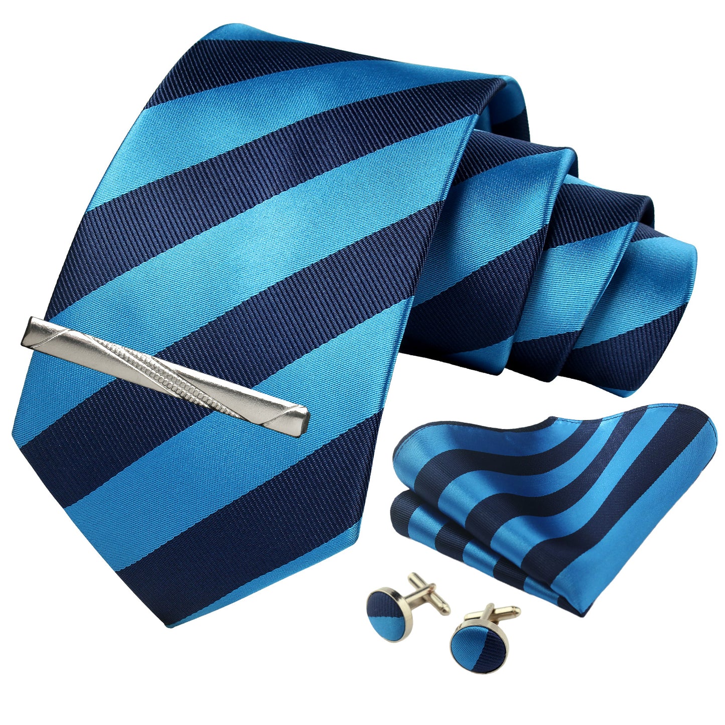 CWKOON Striped Blue Navy Blue Mens Tie Formal Necktie Pocket Squares Ties Clips Cufflinks Classic for Men Gift Box Set