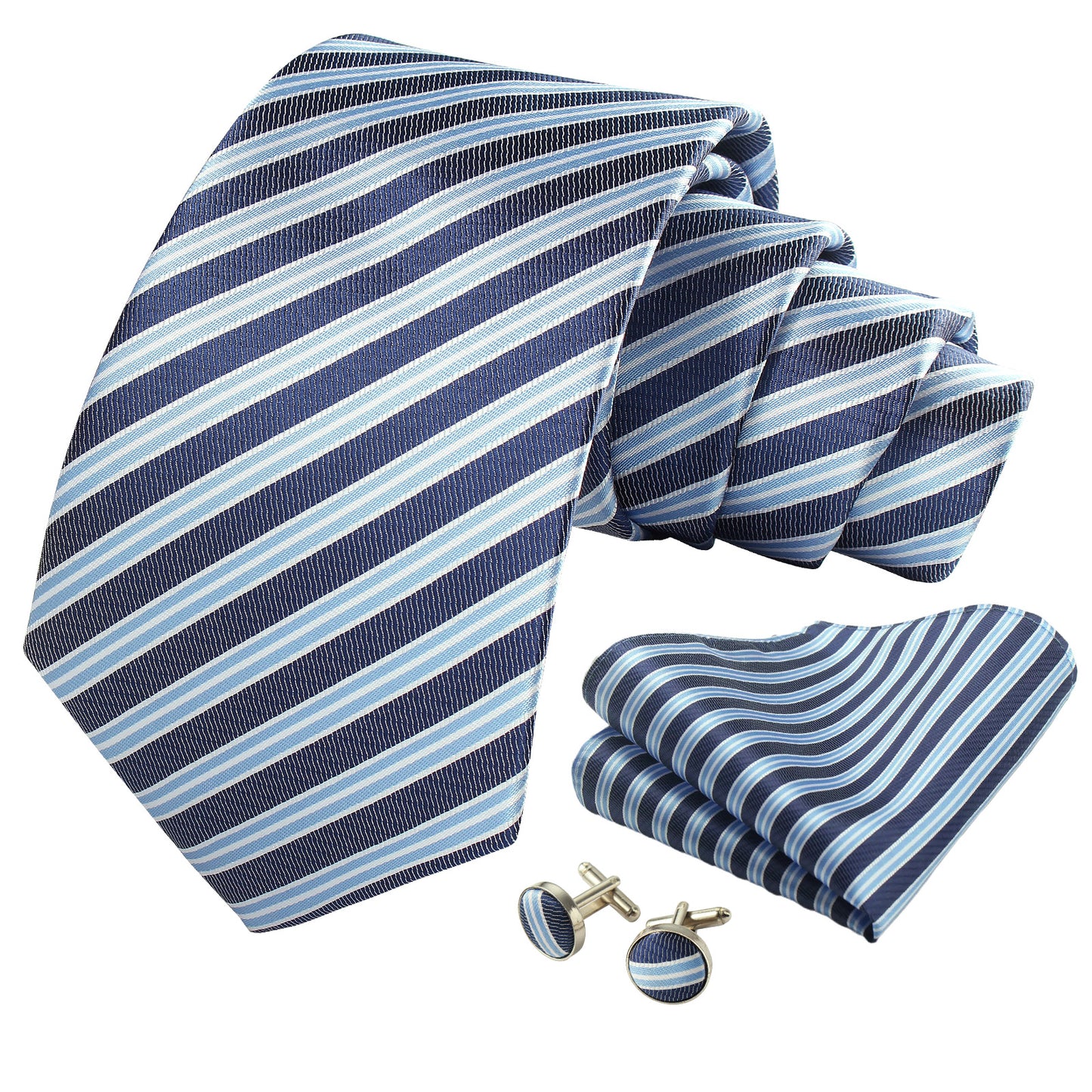 CWKOON Striped Blue Mens Tie Formal Necktie Pocket Squares Ties Clips Cufflinks Classic for Men Gift Box Set