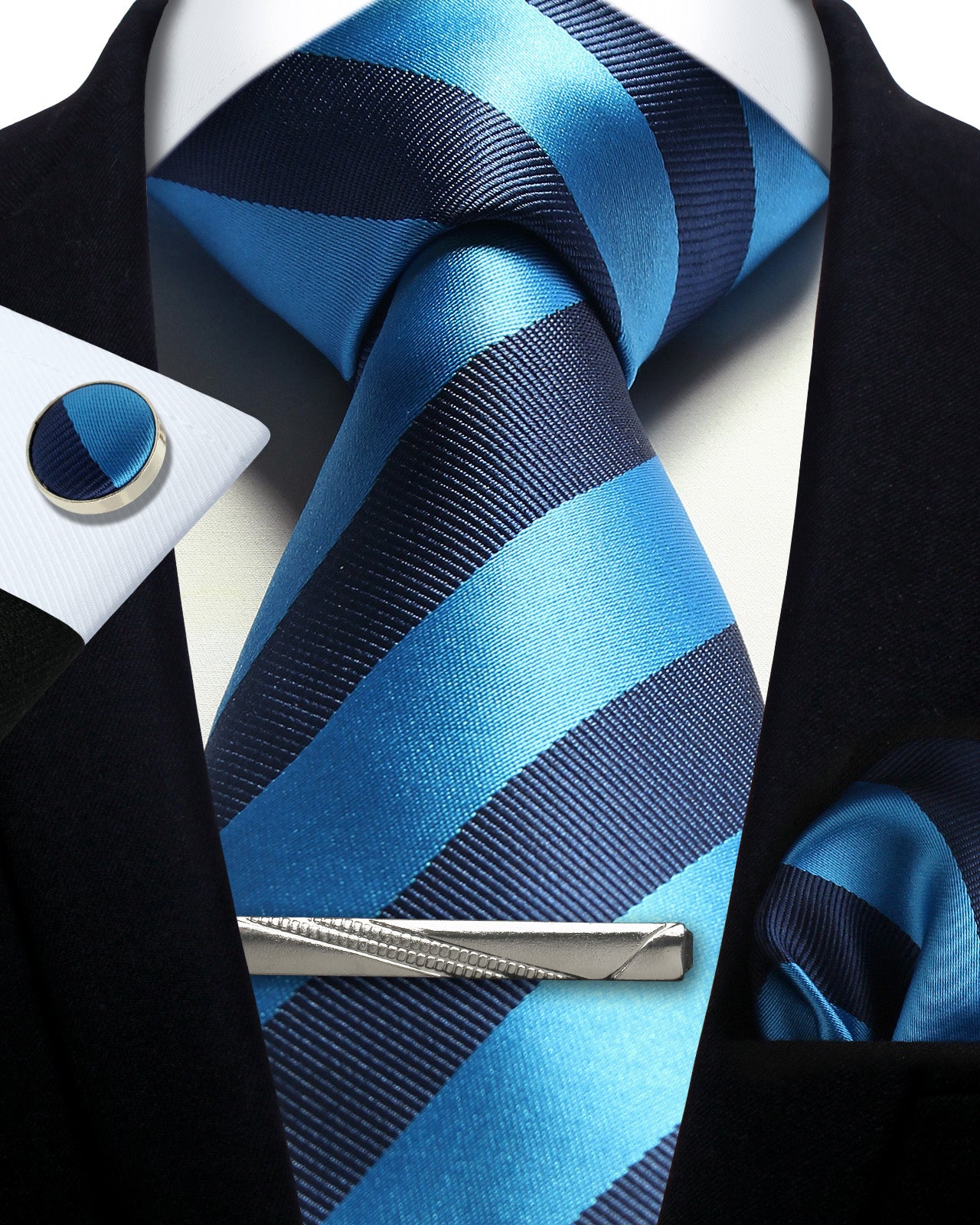 CWKOON Striped Blue Navy Blue Mens Tie Formal Necktie Pocket Squares Ties Clips Cufflinks Classic for Men Gift Box Set