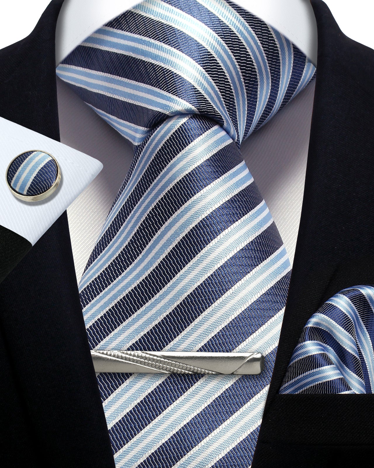 CWKOON Striped Blue Mens Tie Formal Necktie Pocket Squares Ties Clips Cufflinks Classic for Men Gift Box Set