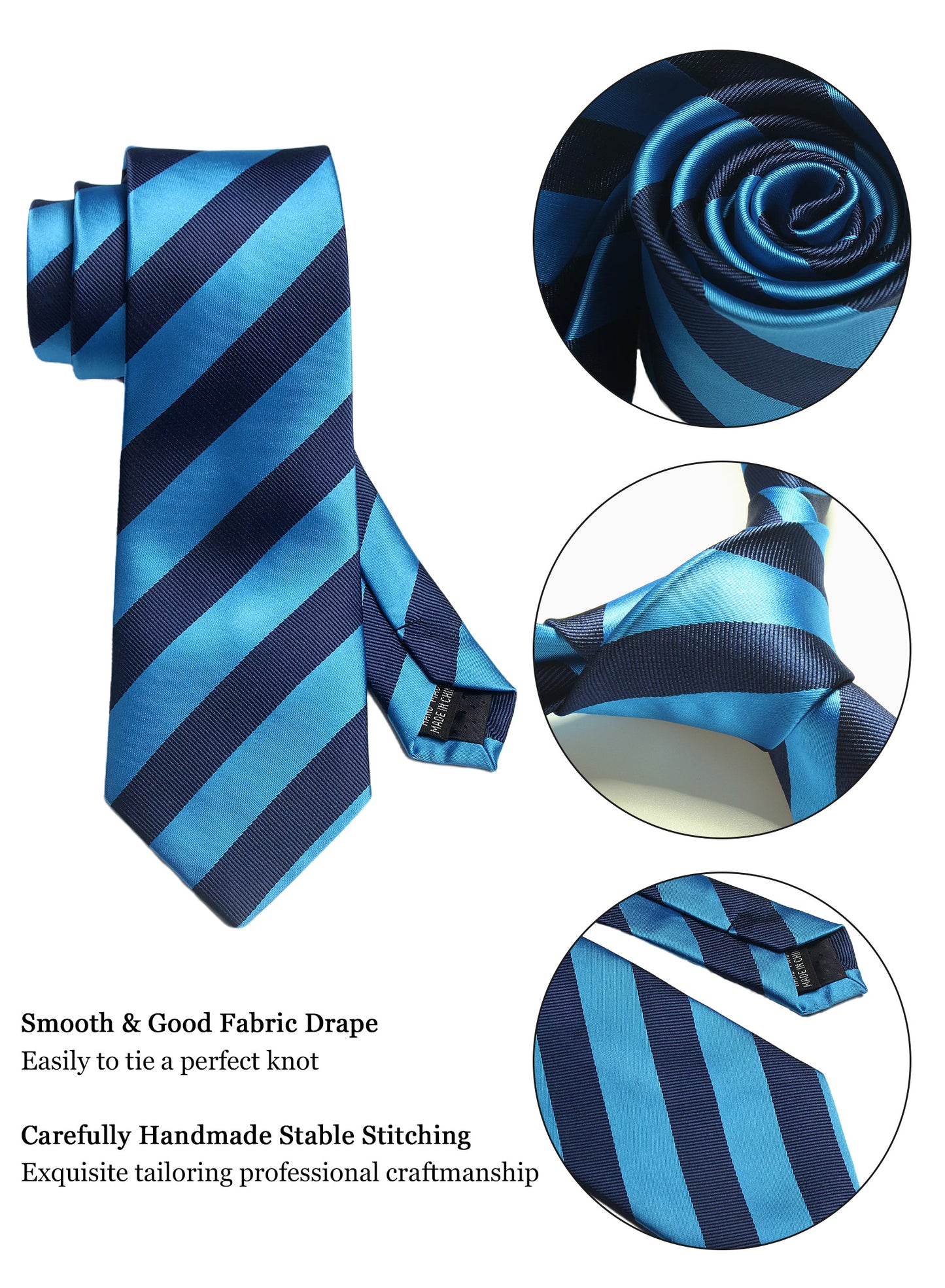 CWKOON Striped Blue Navy Blue Mens Tie Formal Necktie Pocket Squares Ties Clips Cufflinks Classic for Men Gift Box Set