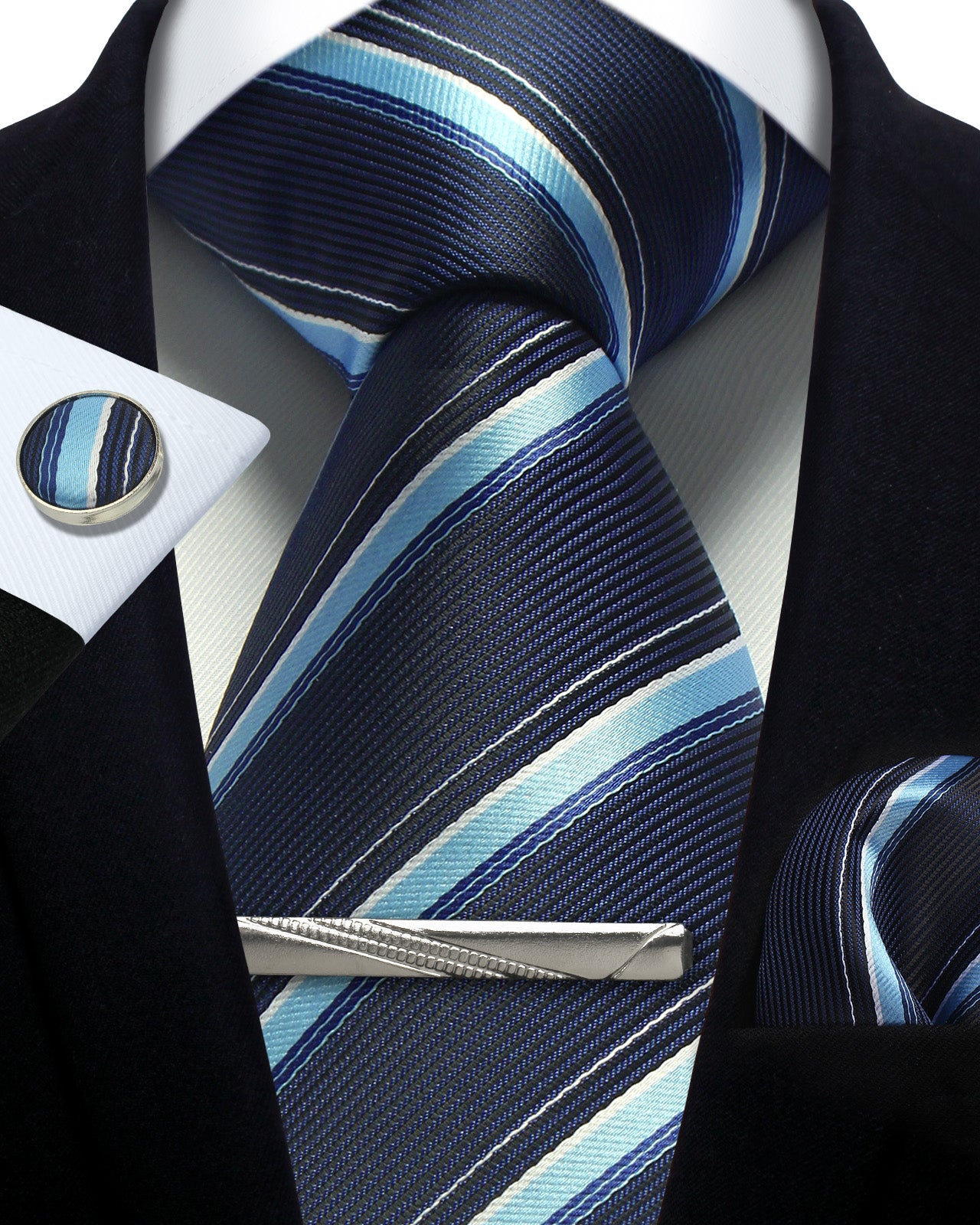 CWKOON Striped Blue Navy Mens Tie Formal Necktie Pocket Squares Ties Clips Cufflinks Classic for Men Gift Box Set