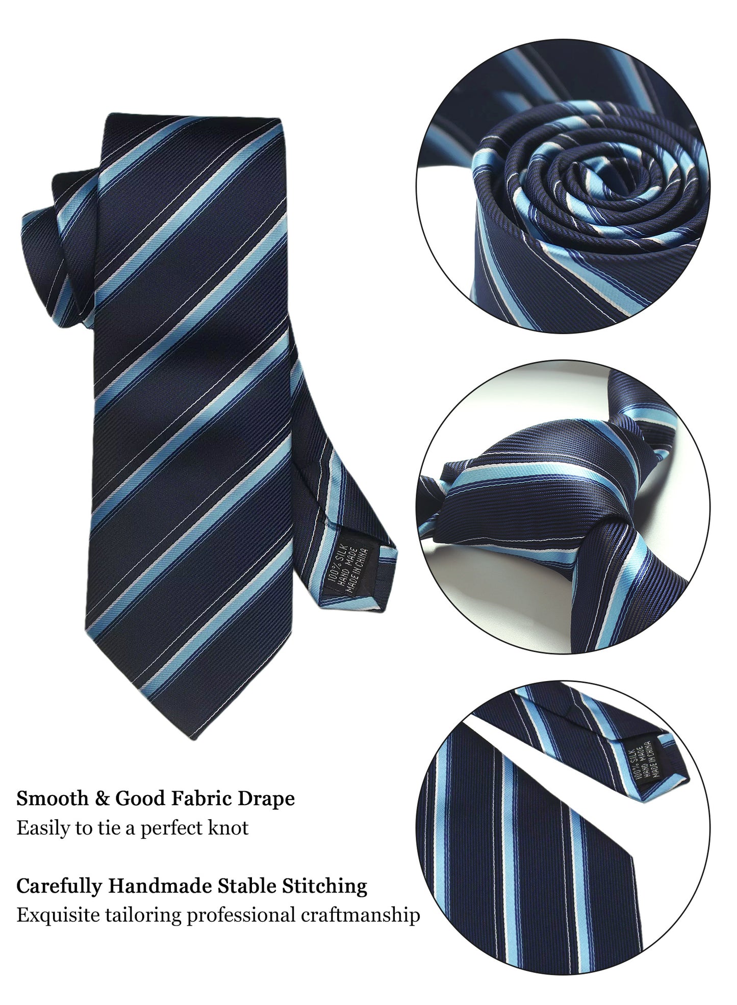 CWKOON Striped Blue Navy Mens Tie Formal Necktie Pocket Squares Ties Clips Cufflinks Classic for Men Gift Box Set
