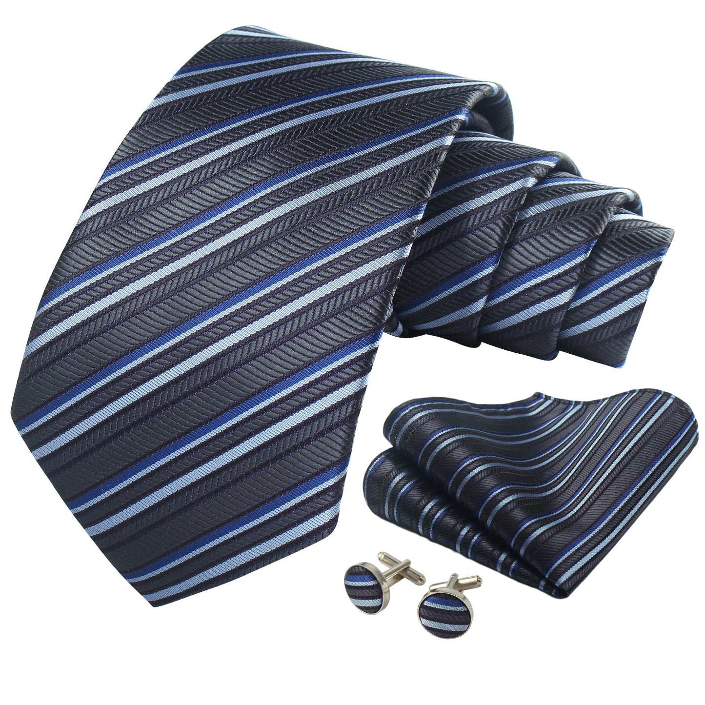 CWKOON Striped Grey Blue Mens Tie Formal Necktie Pocket Squares Ties Clips Cufflinks Classic for Men Gift Box Set