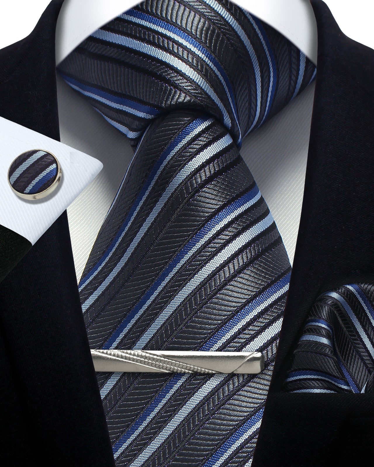CWKOON Striped Grey Blue Mens Tie Formal Necktie Pocket Squares Ties Clips Cufflinks Classic for Men Gift Box Set