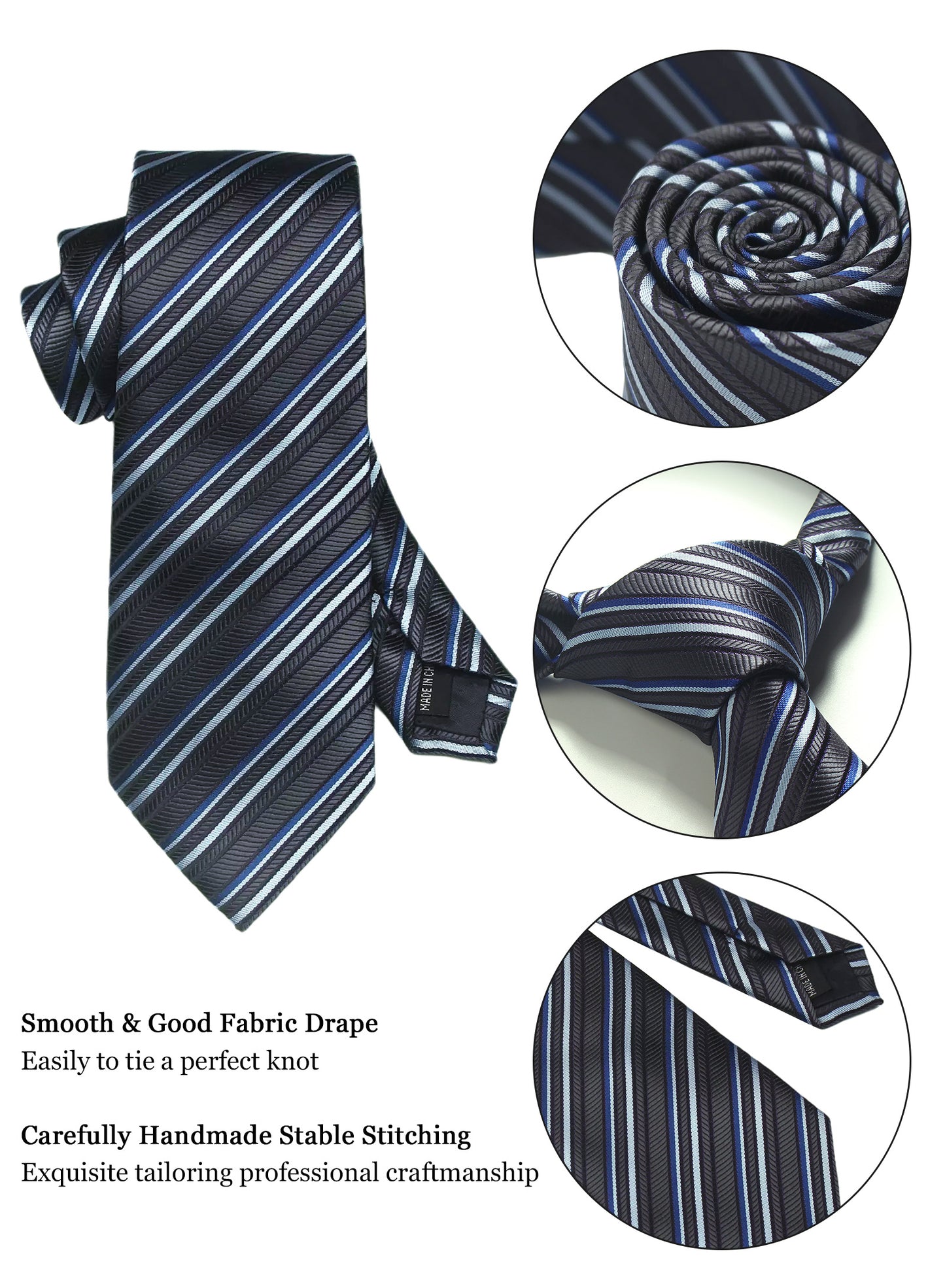 CWKOON Striped Grey Blue Mens Tie Formal Necktie Pocket Squares Ties Clips Cufflinks Classic for Men Gift Box Set