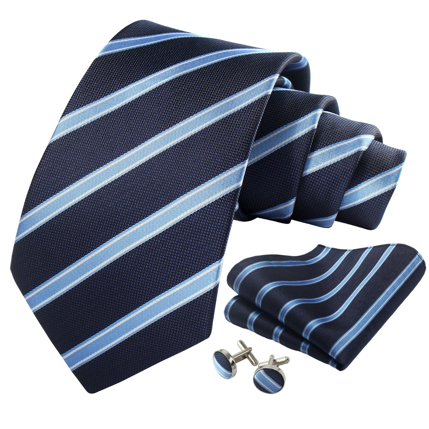 CWKOON Striped Navy Blue Mens Tie Formal Necktie Pocket Squares Ties Clips Cufflinks Classic for Men Gift Box Set