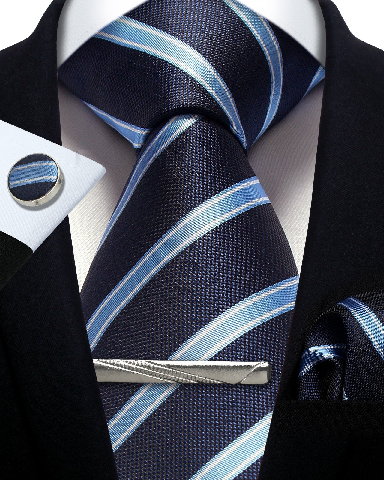 CWKOON Striped Navy Blue Mens Tie Formal Necktie Pocket Squares Ties Clips Cufflinks Classic for Men Gift Box Set