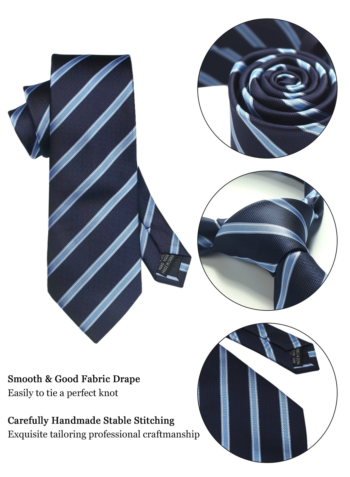 CWKOON Striped Navy Blue Mens Tie Formal Necktie Pocket Squares Ties Clips Cufflinks Classic for Men Gift Box Set