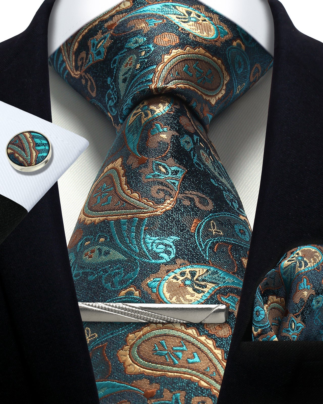 CWKOON Paisley Aqua Yellow Mens Tie Formal Necktie Pocket Squares Ties Clips Cufflinks Classic for Men Gift Box Set