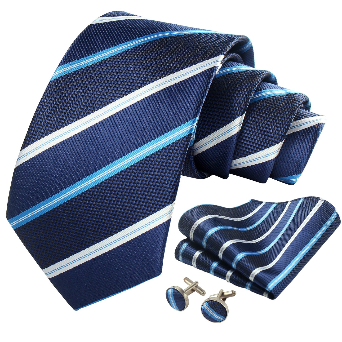 CWKOON Striped Navy Blue White Mens Tie Formal Necktie Pocket Squares Ties Clips Cufflinks Classic for Men Gift Box Set