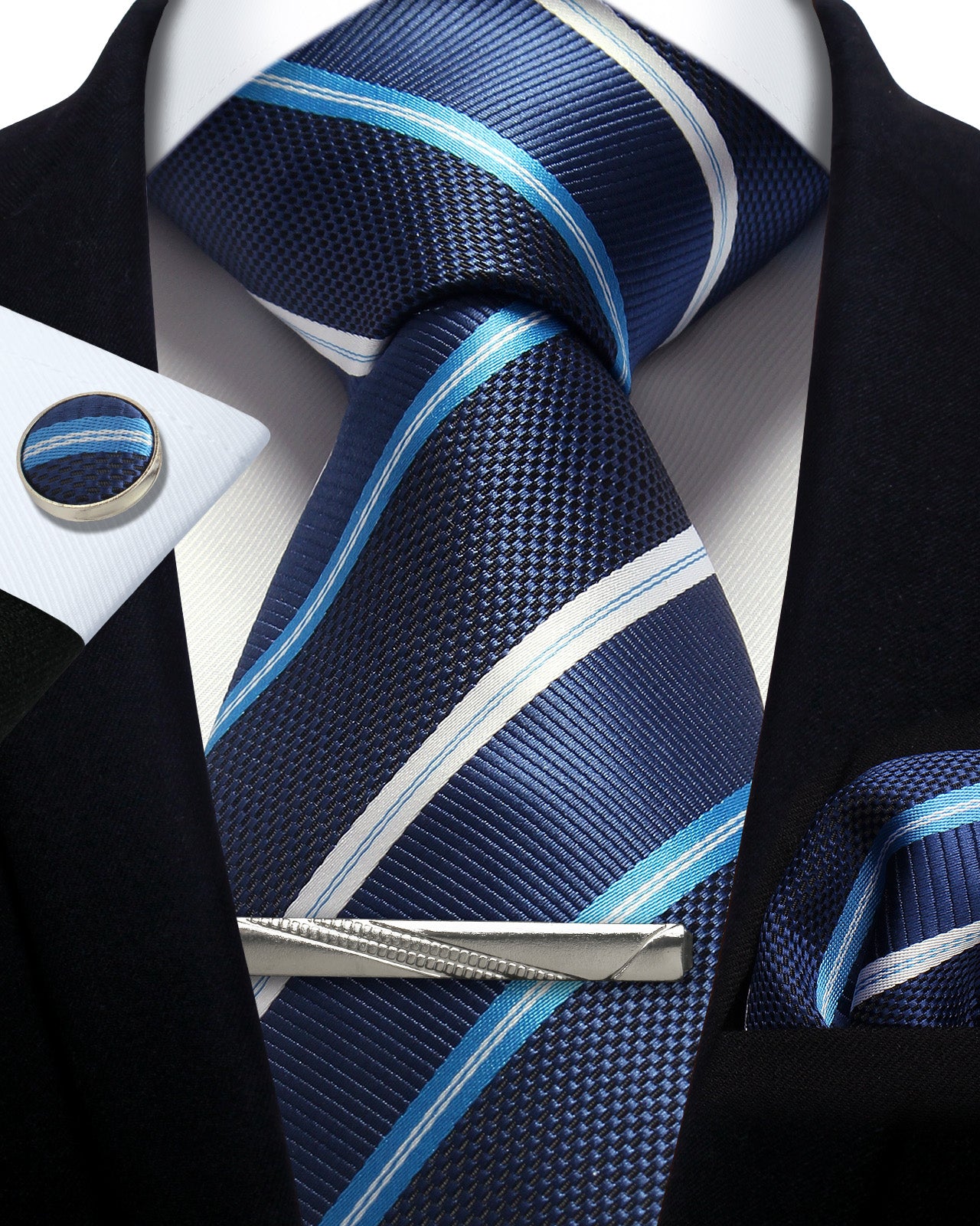 CWKOON Striped Navy Blue White Mens Tie Formal Necktie Pocket Squares Ties Clips Cufflinks Classic for Men Gift Box Set