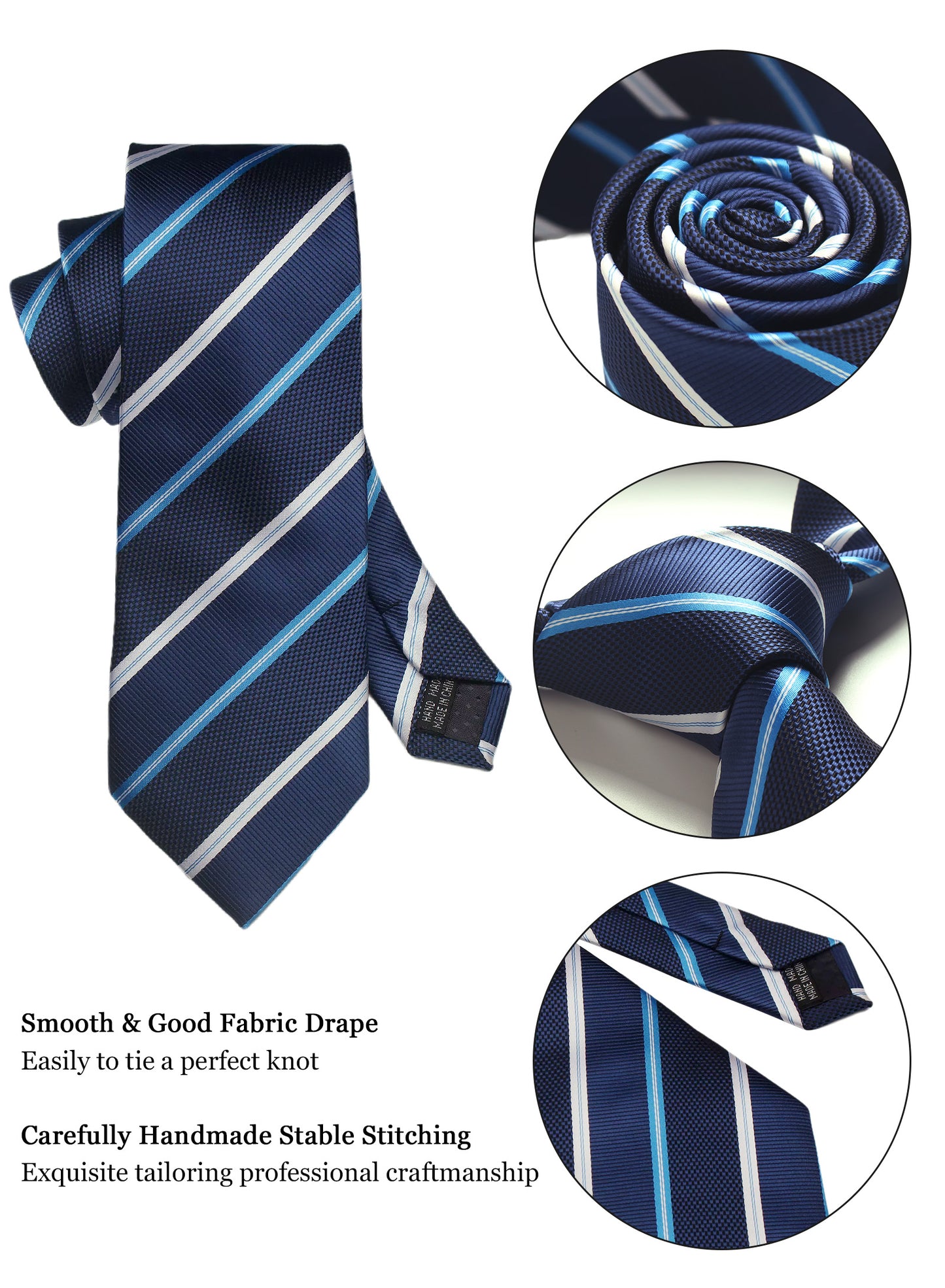 CWKOON Striped Navy Blue White Mens Tie Formal Necktie Pocket Squares Ties Clips Cufflinks Classic for Men Gift Box Set