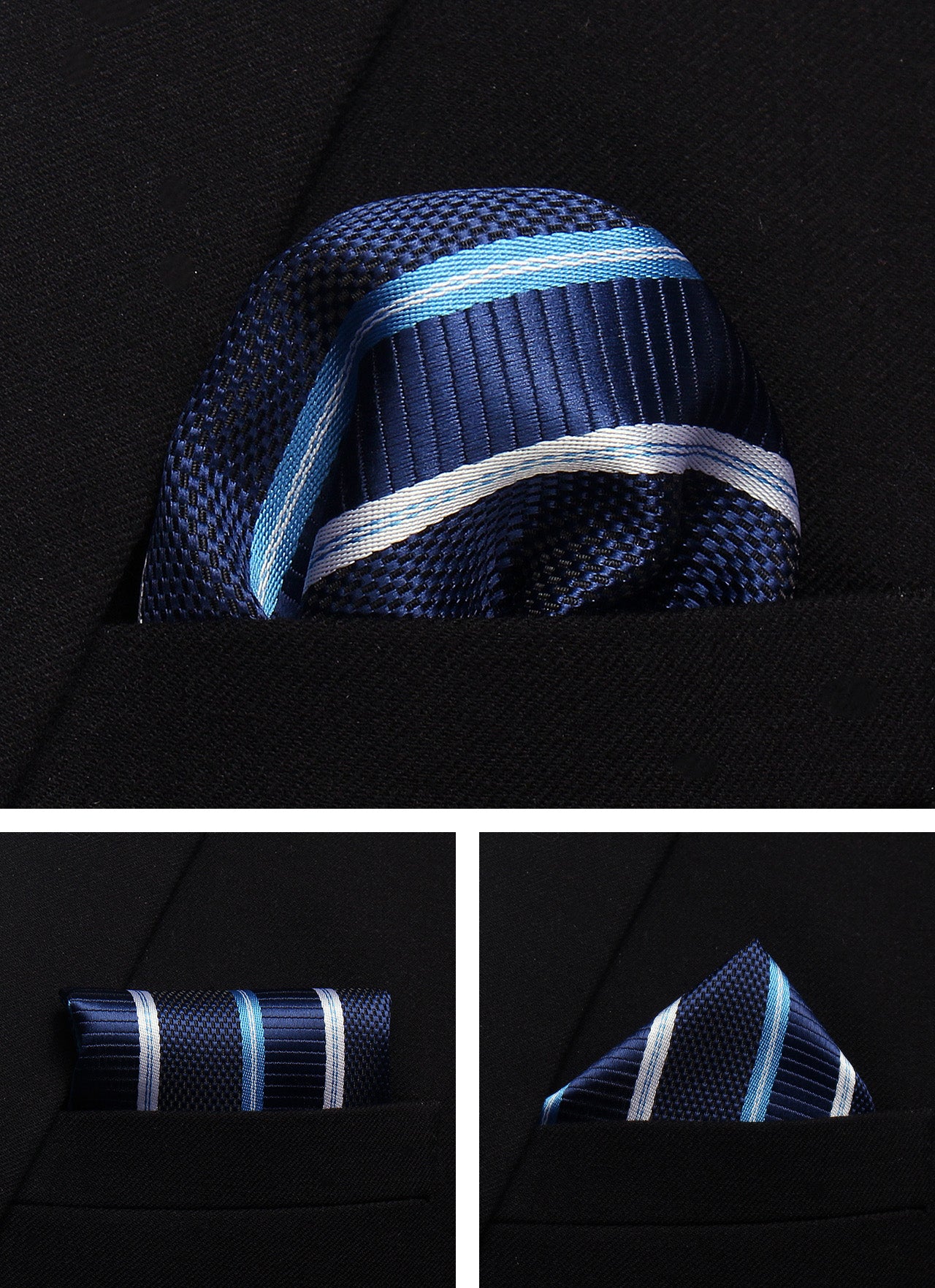 CWKOON Striped Navy Blue White Mens Tie Formal Necktie Pocket Squares Ties Clips Cufflinks Classic for Men Gift Box Set