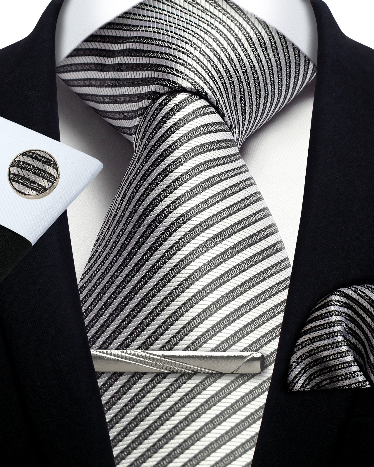 CWKOON Striped White Grey Mens Tie Formal Necktie Pocket Squares Ties Clips Cufflinks Classic for Men Gift Box Set