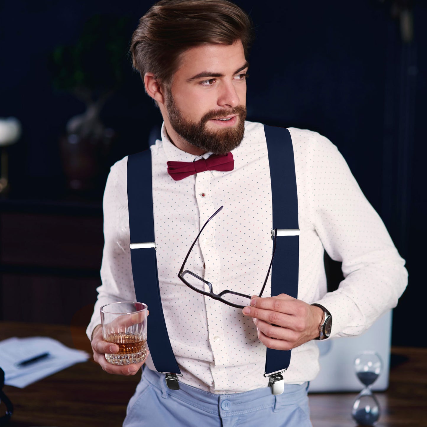 CWKOON Men's Trousers Braces with Very Strong 2 inch Wide 4 Clips Heavy Duty Suspenders for Men X Style Adjustable Suspender Blue