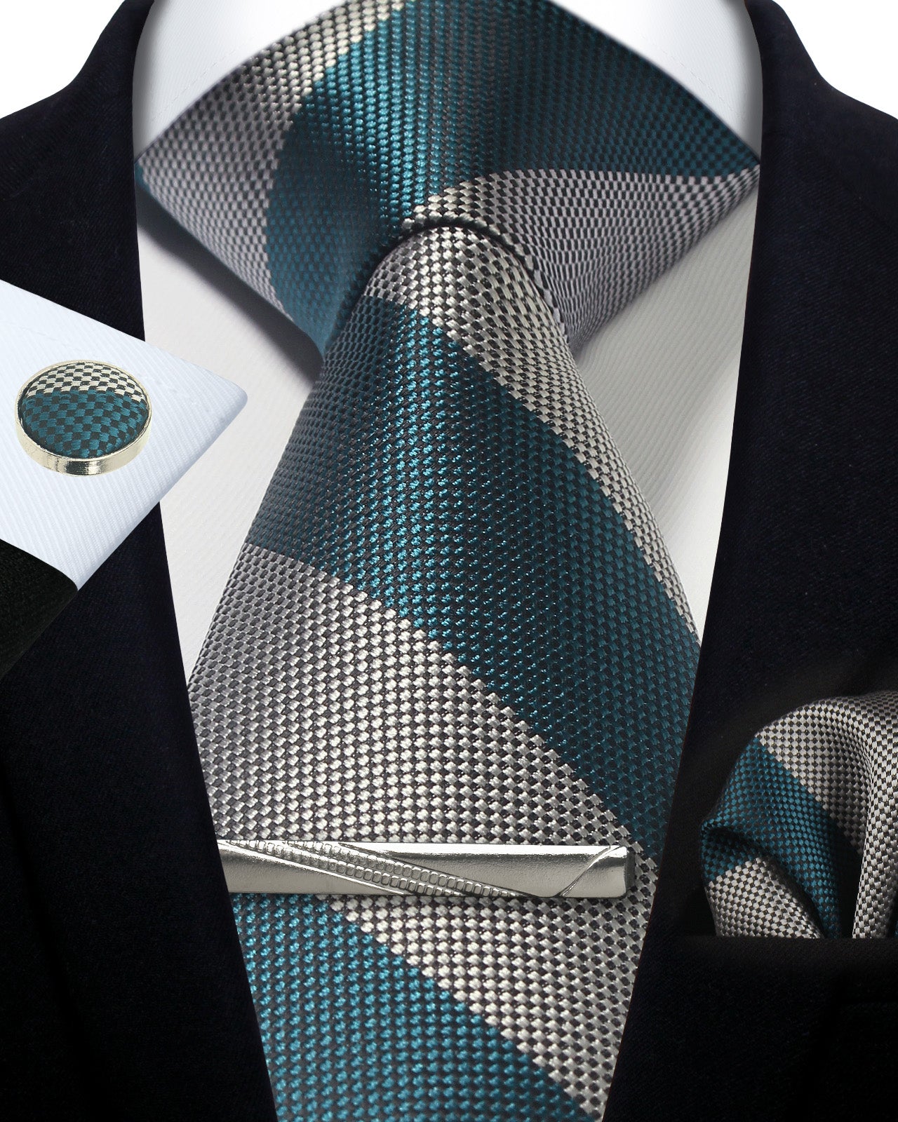 CWKOON Striped Green Grey Mens Tie Formal Necktie Pocket Squares Ties Clips Cufflinks Classic for Men Gift Box Set