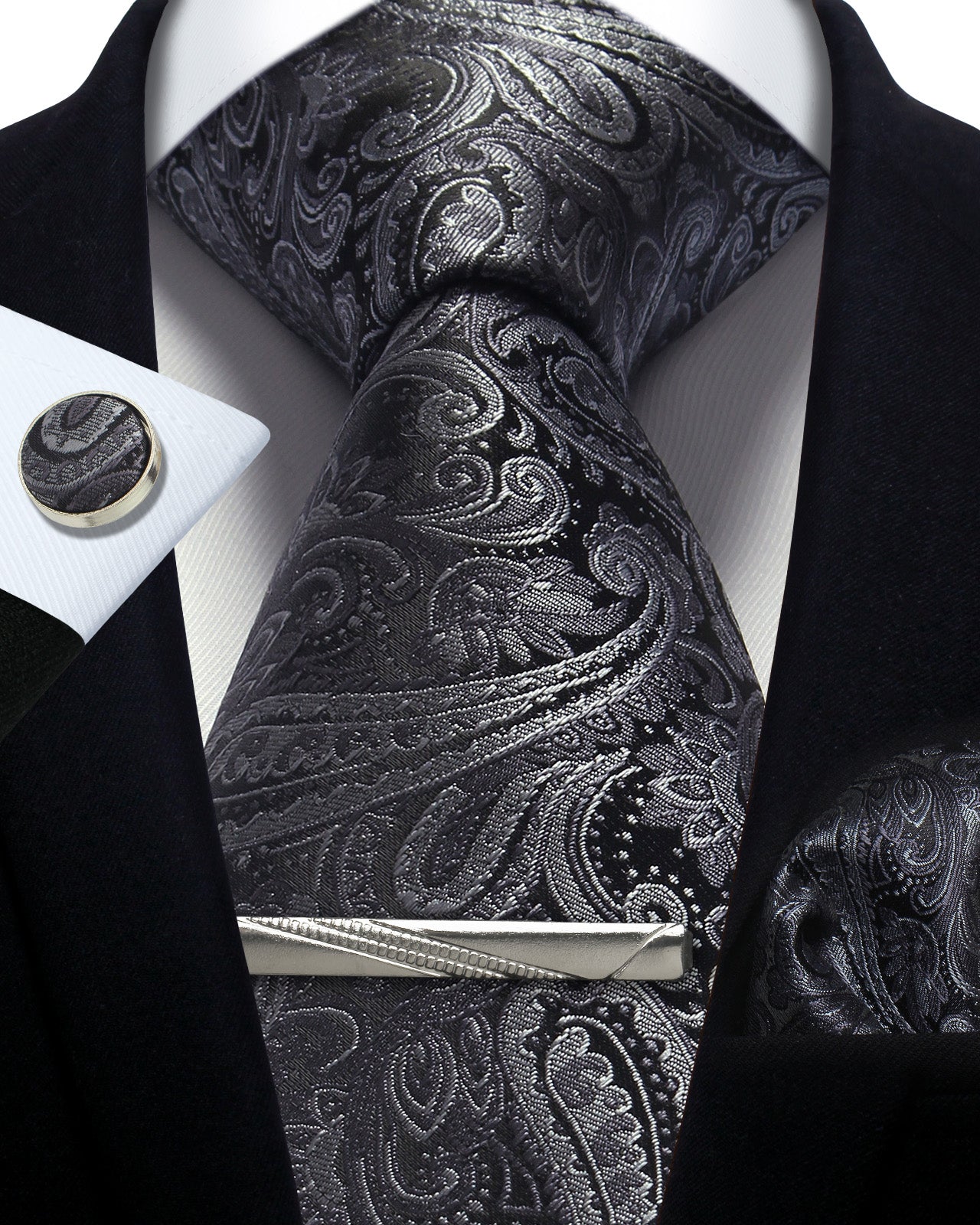 CWKOON Paisley Grey Mens Tie Formal Necktie Pocket Squares Ties Clips Cufflinks Classic for Men Gift Box Set