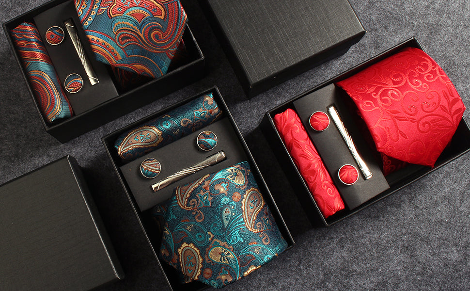 CWKOON Paisley Aqua Yellow Mens Tie Formal Necktie Pocket Squares Ties Clips Cufflinks Classic for Men Gift Box Set