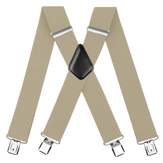 CWKOON Men's Trousers Braces with Very Strong 2 inch Wide 4 Clips Heavy Duty Suspenders for Men X Style Adjustable Suspender Beige