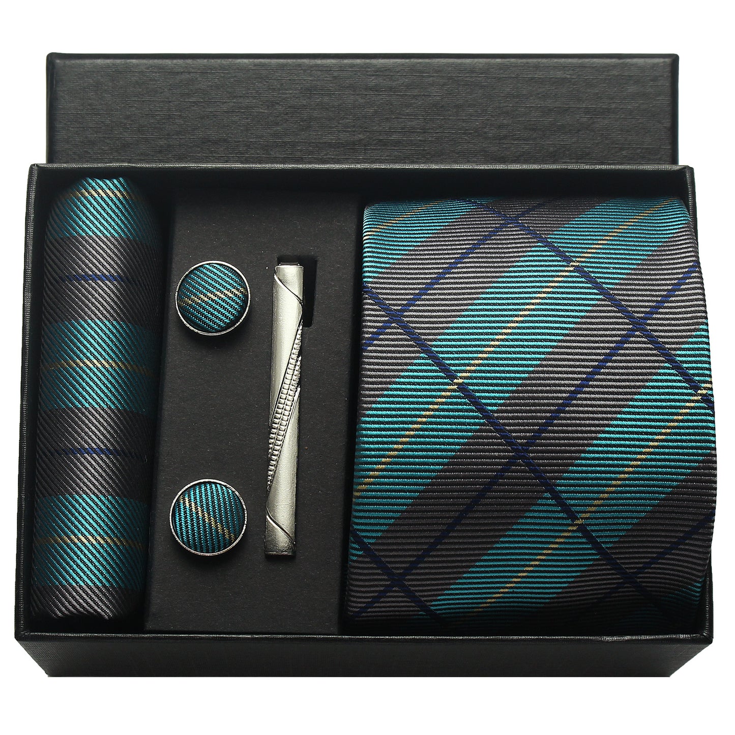 CWKOON Plaid Grey Aqua Mens Tie Formal Necktie Pocket Squares Ties Clips Cufflinks Classic for Men Gift Box Set