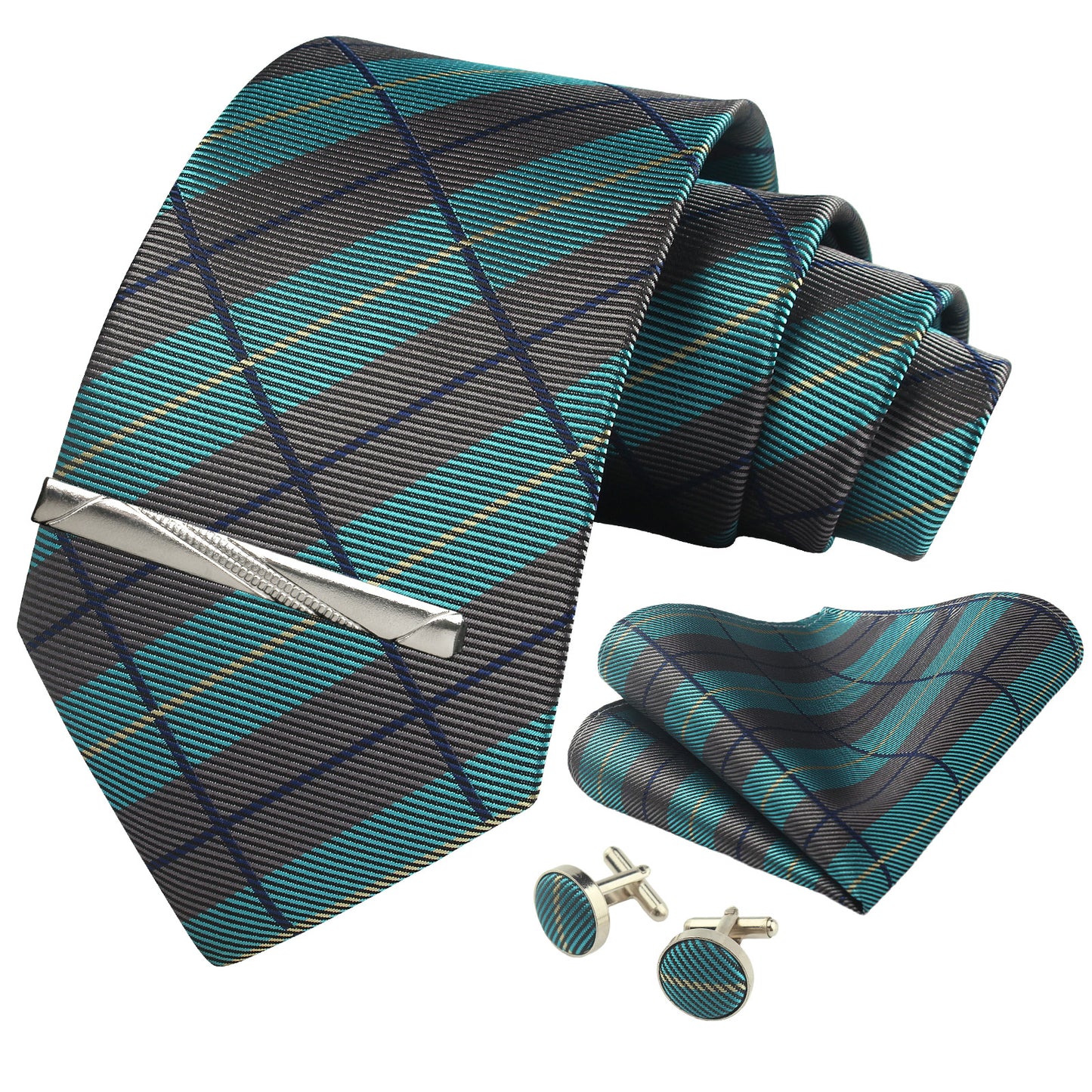 CWKOON Plaid Grey Aqua Mens Tie Formal Necktie Pocket Squares Ties Clips Cufflinks Classic for Men Gift Box Set