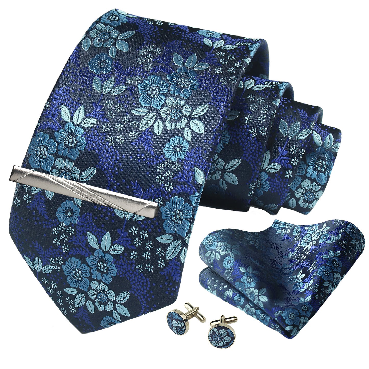 CWKOON Floral Navy Blue White Mens Tie Formal Necktie Pocket Squares Ties Clips Cufflinks Classic for Men Gift Box Set