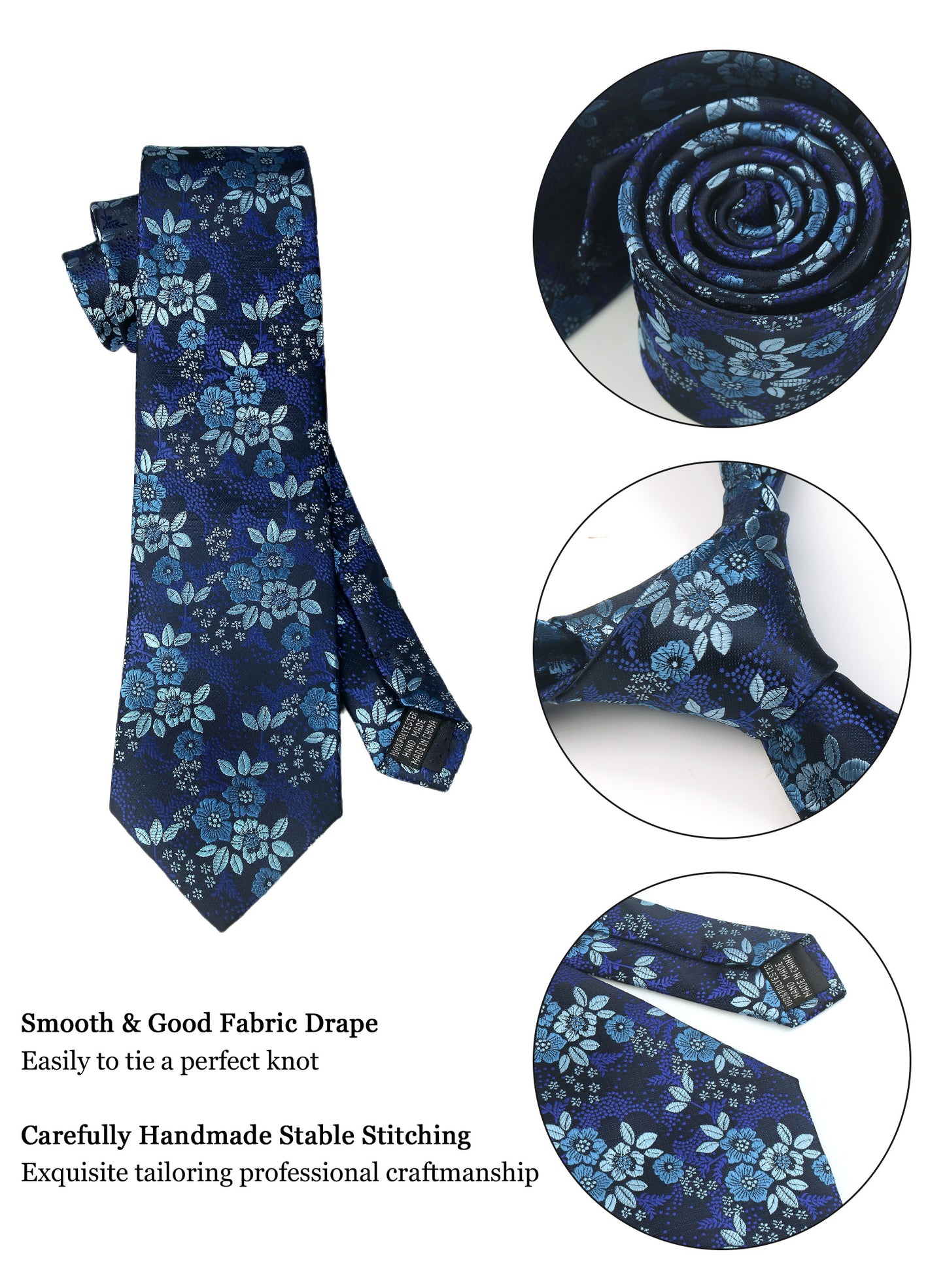 CWKOON Floral Navy Blue White Mens Tie Formal Necktie Pocket Squares Ties Clips Cufflinks Classic for Men Gift Box Set