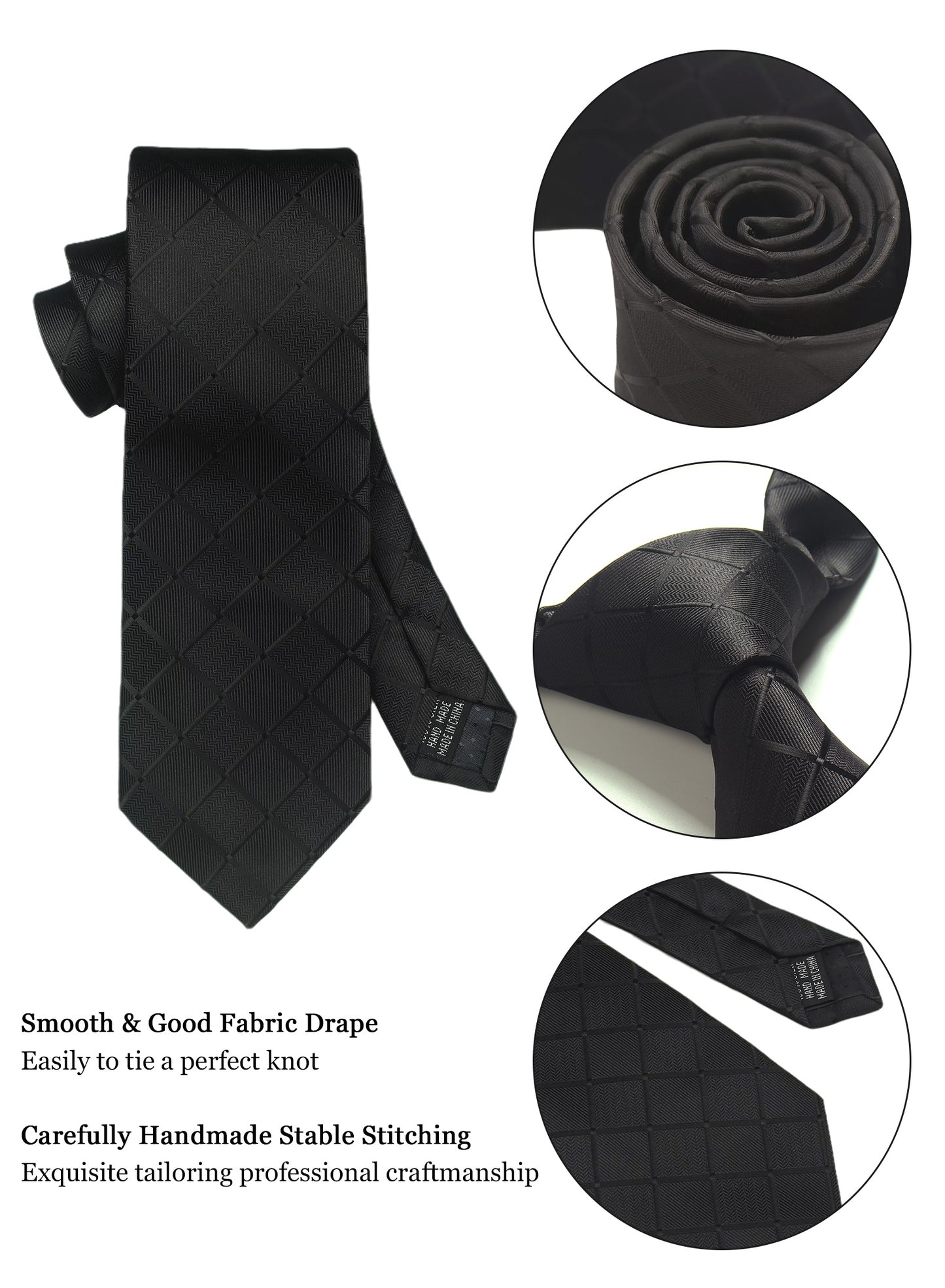 CWKOON Black Plaid Mens Tie Formal Necktie Pocket Squares Ties Clips Cufflinks Classic for Men Gift Box Set