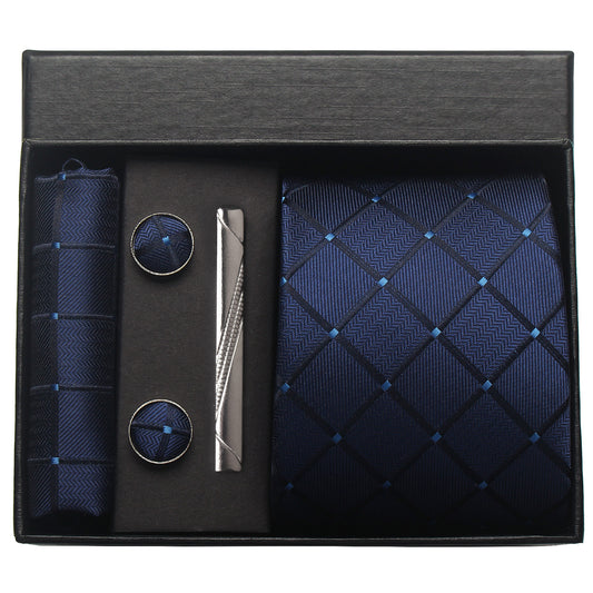 CWKOON Navy Blue Plaid Mens Tie Formal Necktie Pocket Squares Ties Clips Cufflinks Classic for Men Gift Box Set