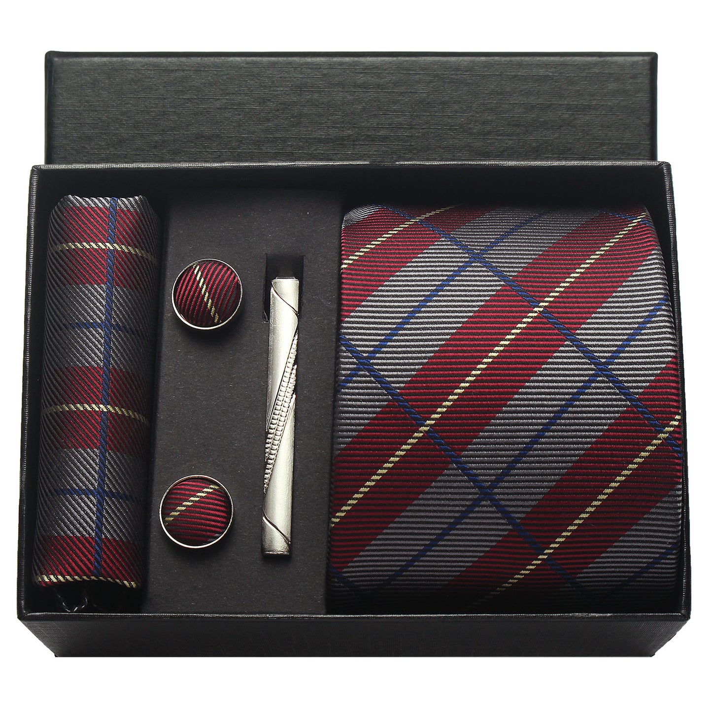 CWKOON Plaid Grey Burgundy Mens Tie Formal Necktie Pocket Squares Ties Clips Cufflinks Classic for Men Gift Box Set