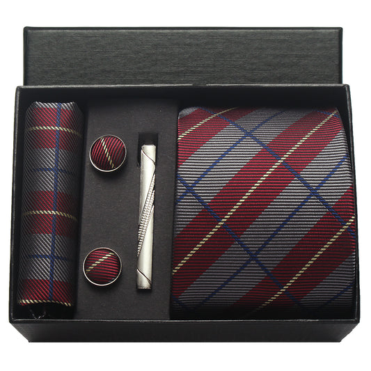 CWKOON Plaid Grey Burgundy Mens Tie Formal Necktie Pocket Squares Ties Clips Cufflinks Classic for Men Gift Box Set