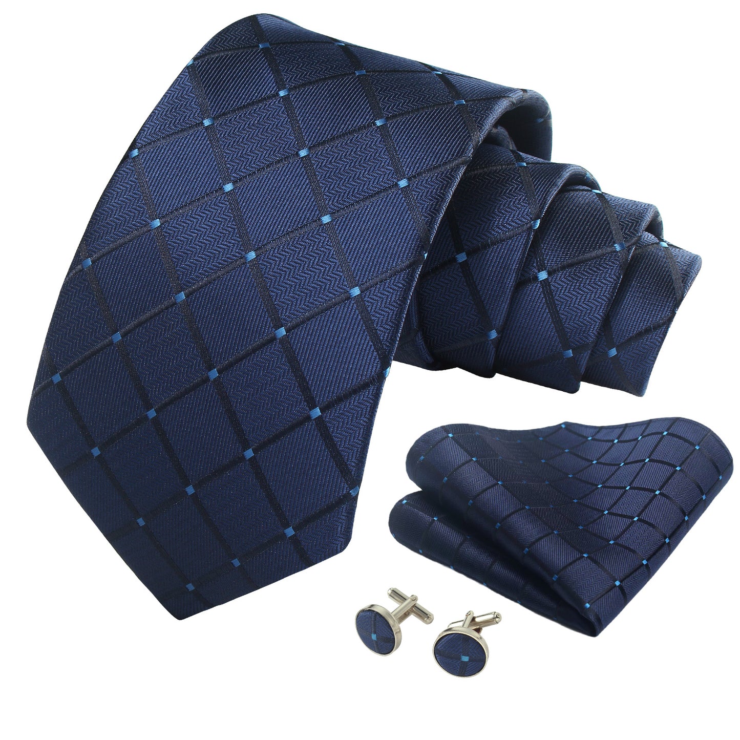 CWKOON Navy Blue Plaid Mens Tie Formal Necktie Pocket Squares Ties Clips Cufflinks Classic for Men Gift Box Set