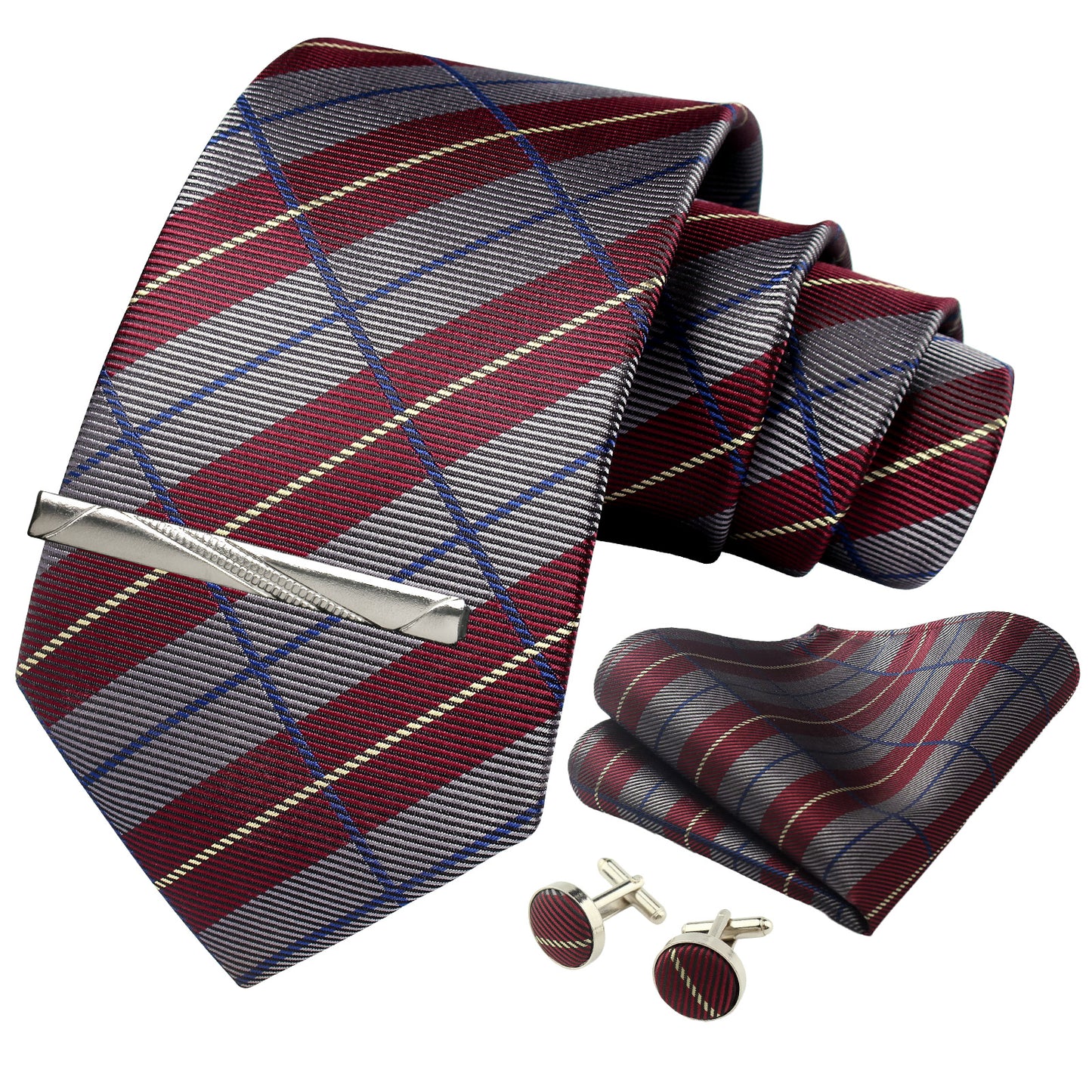 CWKOON Plaid Grey Burgundy Mens Tie Formal Necktie Pocket Squares Ties Clips Cufflinks Classic for Men Gift Box Set