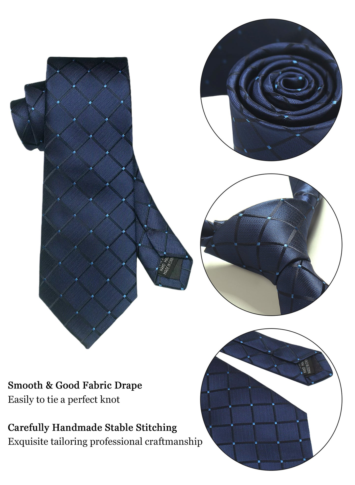 CWKOON Navy Blue Plaid Mens Tie Formal Necktie Pocket Squares Ties Clips Cufflinks Classic for Men Gift Box Set