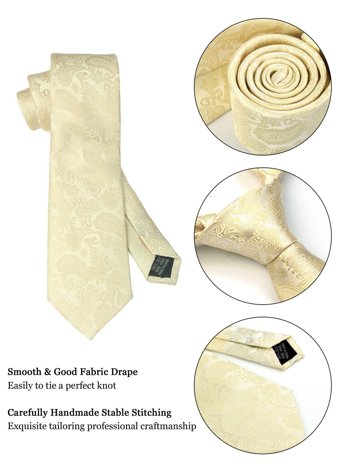 CWKOON Paisley Beige Mens Tie Formal Necktie Pocket Squares Ties Clips Cufflinks Classic for Men Gift Box Set