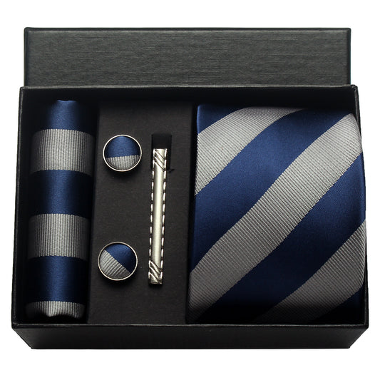 CWKOON Striped Navy Blue Grey Mens Tie Formal Necktie Pocket Squares Ties Clips Cufflinks Classic for Men Gift Box Set