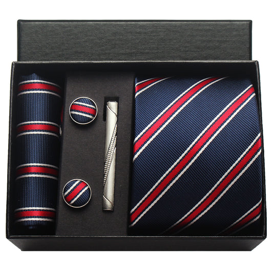 CWKOON Striped Navy Blue Red Mens Tie Formal Necktie Pocket Squares Ties Clips Cufflinks Classic for Men Gift Box Set