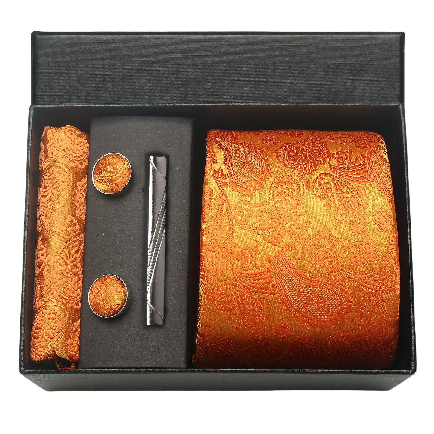 CWKOON Paisley Orange Mens Tie Formal Necktie Pocket Squares Ties Clips Cufflinks Classic for Men Gift Box Set