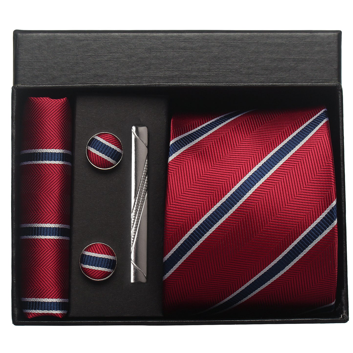 CWKOON Striped Red Mens Tie Formal Necktie Pocket Squares Ties Clips Cufflinks Classic for Men Gift Box Set